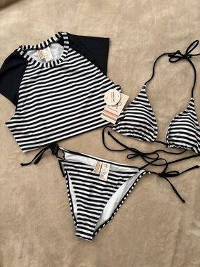 Striped Black & White Bikini Set with Cropped Rash Guard